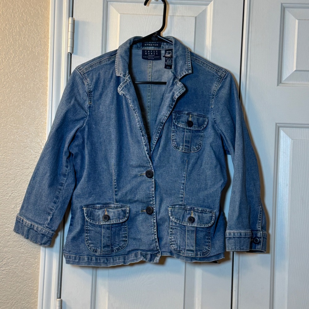 Crazy Horse Denim Strech Jacket Blazer Style Collar 2 Button Closure Petite L